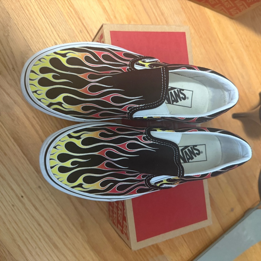 Vans Kids Slip-On Sneakers with Flame Design - Black, Yellow, and Red